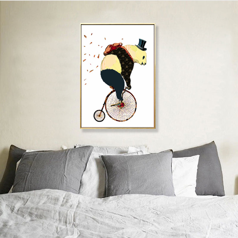 Illustrated Panda Riding Wall Art Kids Cool Animal Canvas in Dark Color for Bedroom