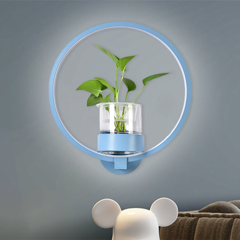Round/Rectangle Metal Wall Light Macaron Grey/Yellow/Blue LED Sconce Lighting with Plant Pot for Bedroom