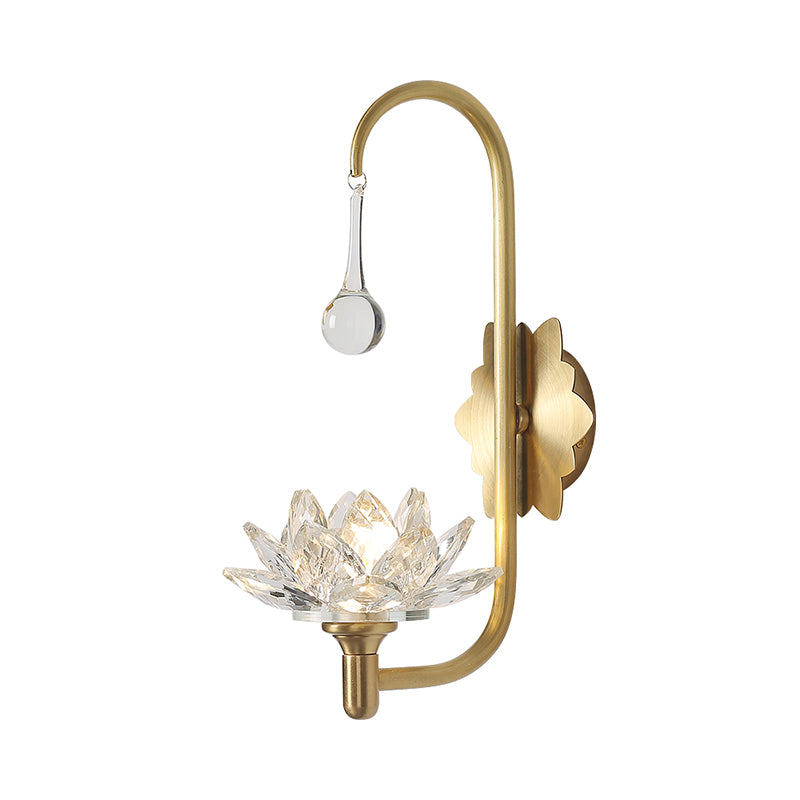 Lotus Living Room Wall Sconce Luxurious Clear Crystal 1 Head Brass Wall Lamp with Gooseneck Arm