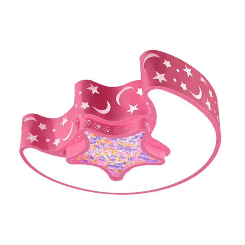 LED Nursery Flush Mount Fixture Simple White/Pink/Blue Ceiling Flush with Star and Moon Acrylic Shade in Warm/White Light