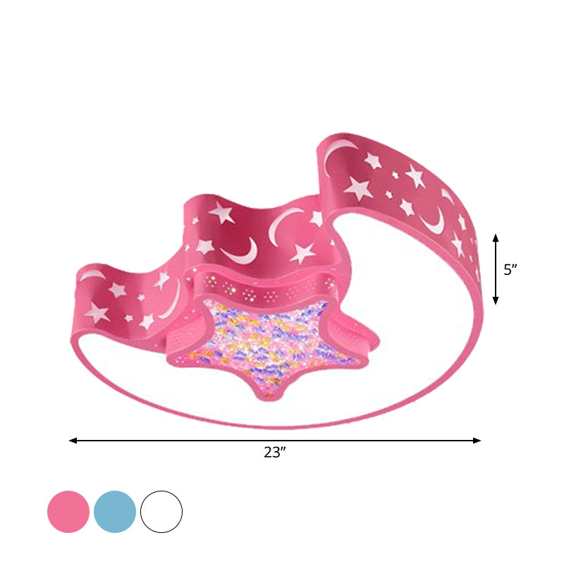 LED Nursery Flush Mount Fixture Simple White/Pink/Blue Ceiling Flush with Star and Moon Acrylic Shade in Warm/White Light
