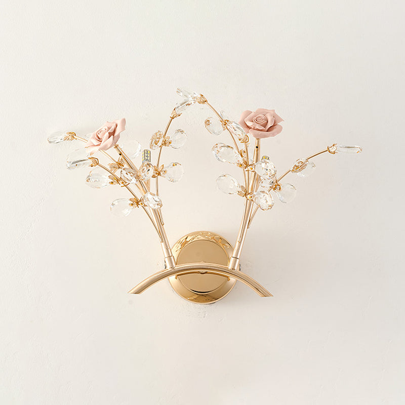 Rose K9 Crystal Wall Lighting Modernist 2 Lights Hallway Wall Mounted Light Fixture in Gold
