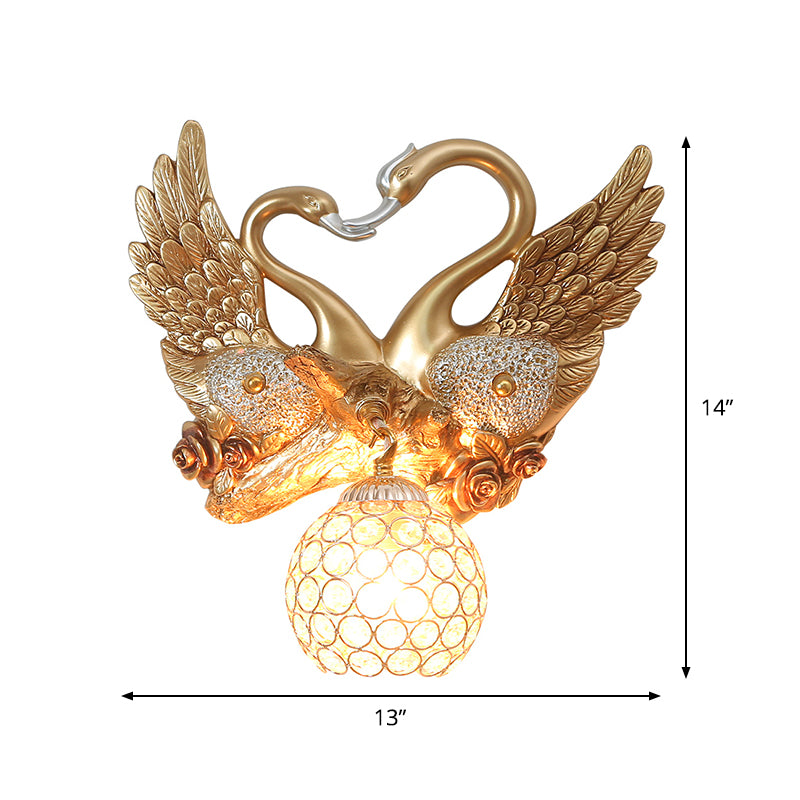 Swan Bedroom Wall Sconce Modern Metal 1 Light Gold Wall Lighting with Globe Crystal Shade