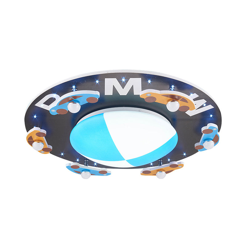 Blue Circle Flush Mount Light with Car Cartoon Modern Acrylic LED Ceiling Light for Boys Bedroom