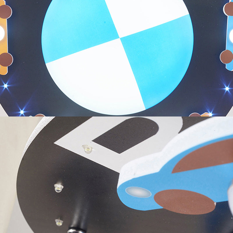Blue Circle Flush Mount Light with Car Cartoon Modern Acrylic LED Ceiling Light for Boys Bedroom