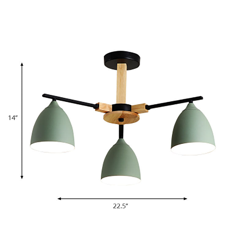 Nordic Dome Shade Drop Ceiling Light Multi-Light Wooden Hanging Chandelier in Green for Living Room