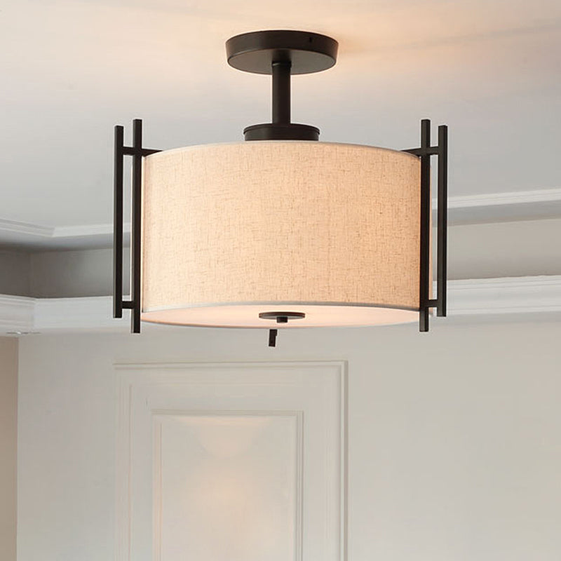 1 Tambour léger Semi-Flush Light Flaxen tissu Ceiling Fixture de plafond pour la salle de séjour