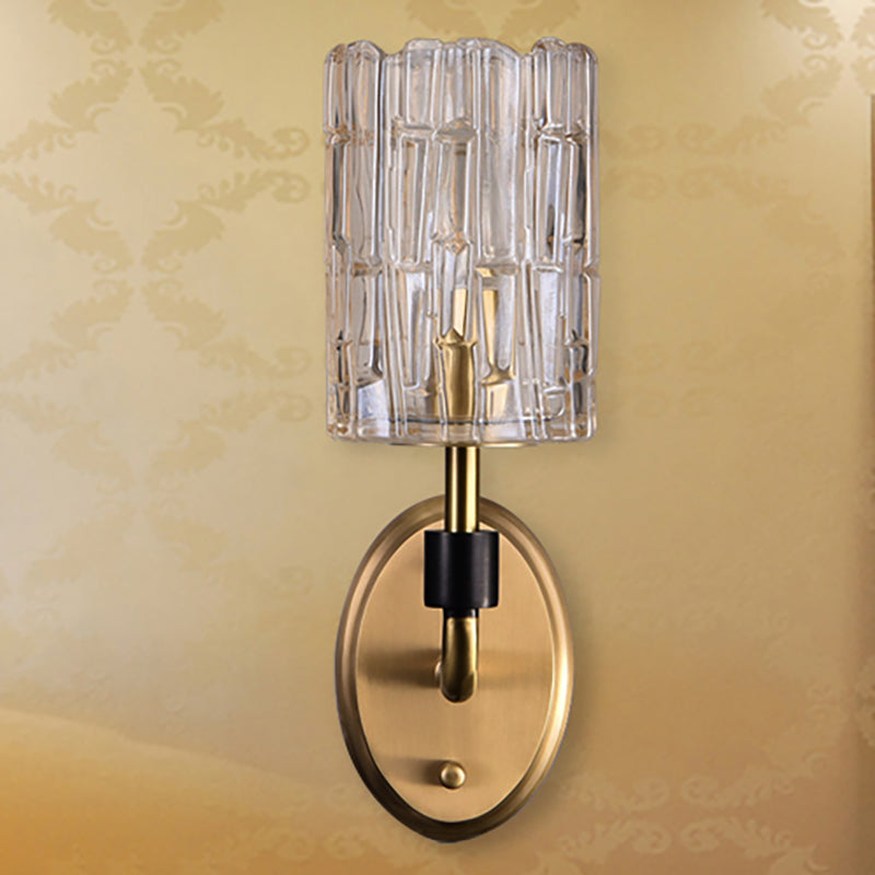 1/2-Head Bedside Wall Sconce Contemporary Style Brass Wall Lighting with Cylinder Clear Crystal Shade