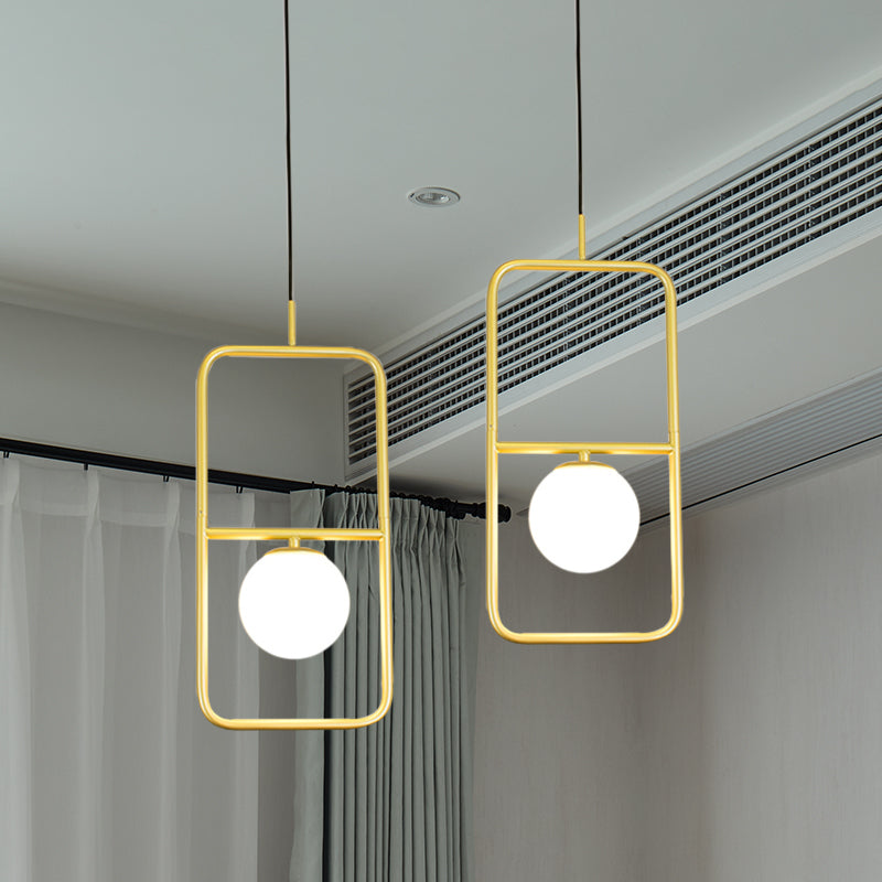 White Glass Globe Pendant Lamp with Rectangular Design Post Modernist 1/2 Lights Gold Led Hanging Light Fixture