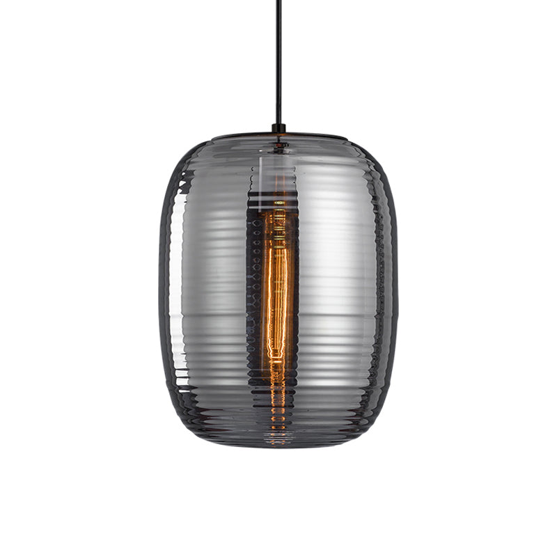 Amber/Smoke Cylinder Pendant Light Post-Modern 1 Light Ribbed Glass Hanging Light Fixture for Bedroom