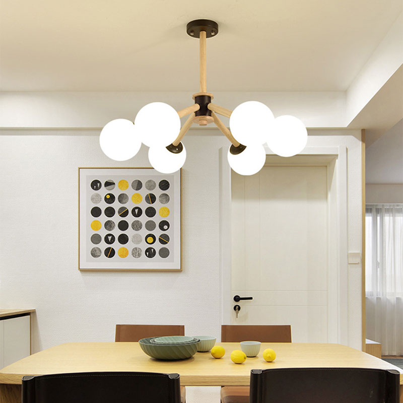 White Glass Grape Ceiling Chandelier 6 Lights Modern Suspended Light with Wood Branch