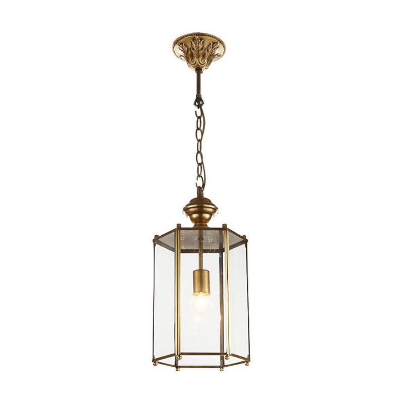 1 Light Lantern Pendant Lighting Fixture Traditional Brass Clear Glass Hanging Ceiling Light