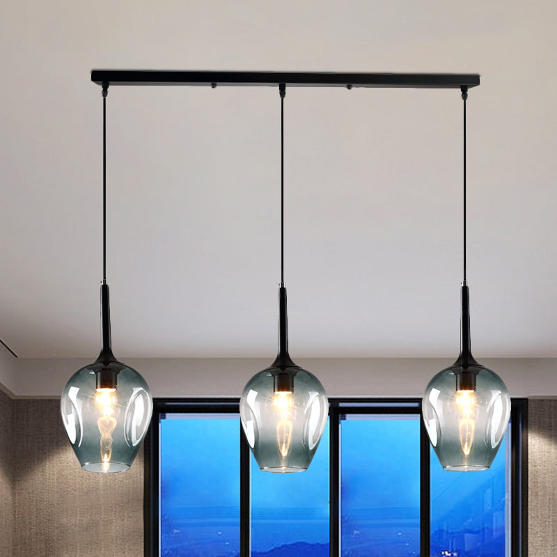 Tulip Cluster Pendant Lamp with Linear Design Modern Amber/Smoke/Blue Glass 3 Lights Black Ceiling Hung Light