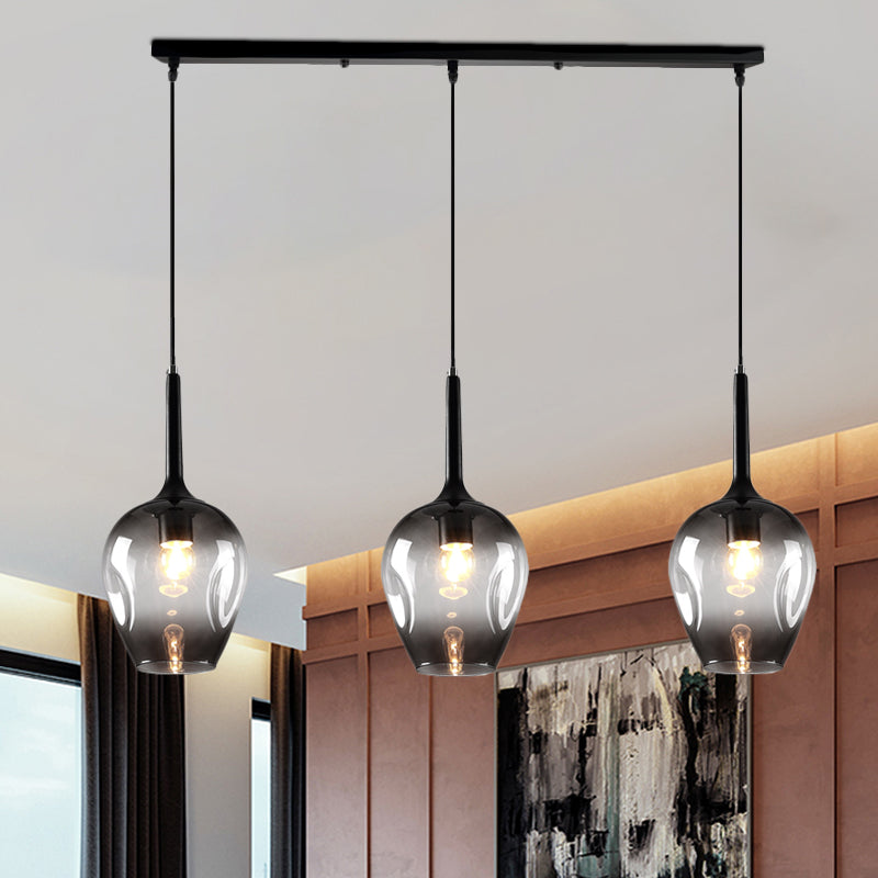 Tulip Cluster Pendant Lamp with Linear Design Modern Amber/Smoke/Blue Glass 3 Lights Black Ceiling Hung Light