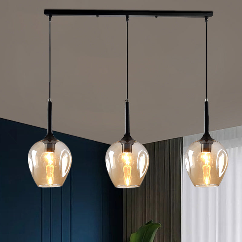 Tulip Cluster Pendant Lamp with Linear Design Modern Amber/Smoke/Blue Glass 3 Lights Black Ceiling Hung Light