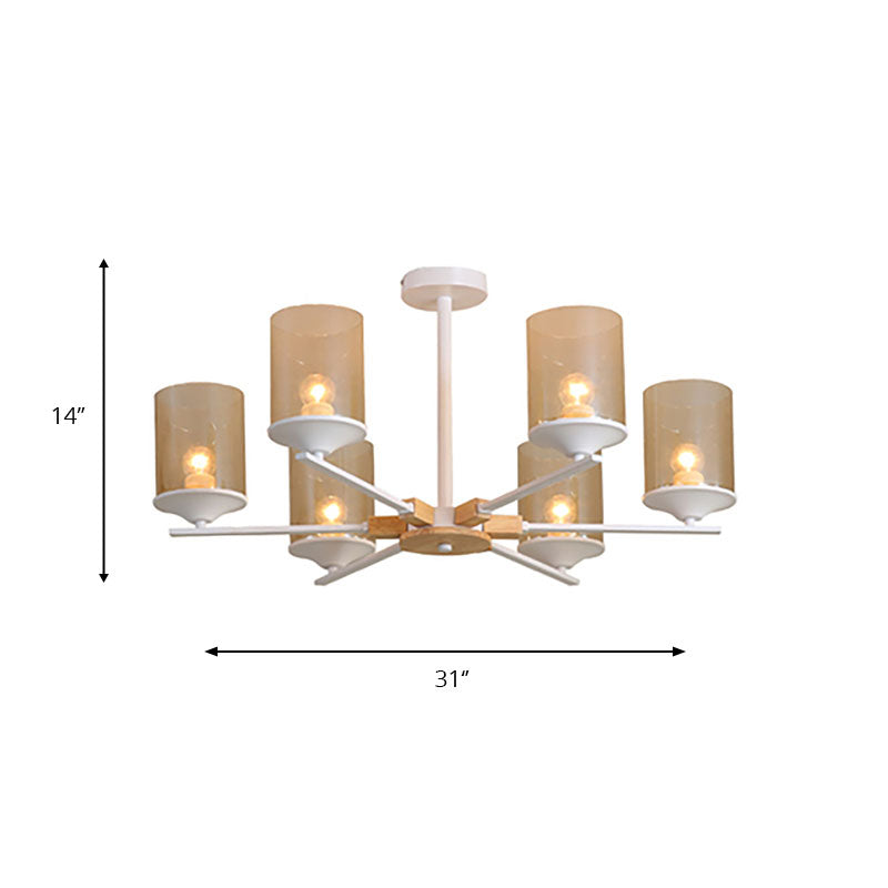 Cognac Cylinder Shade Chandelier Lighting 3/6 Heads Contemporary Wood Hanging Light for Living Room
