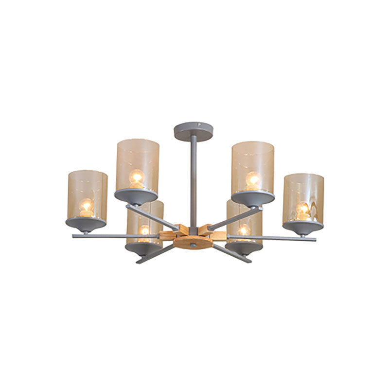 Cognac Cylinder Shade Chandelier Lighting 3/6 Heads Contemporary Wood Hanging Light for Living Room