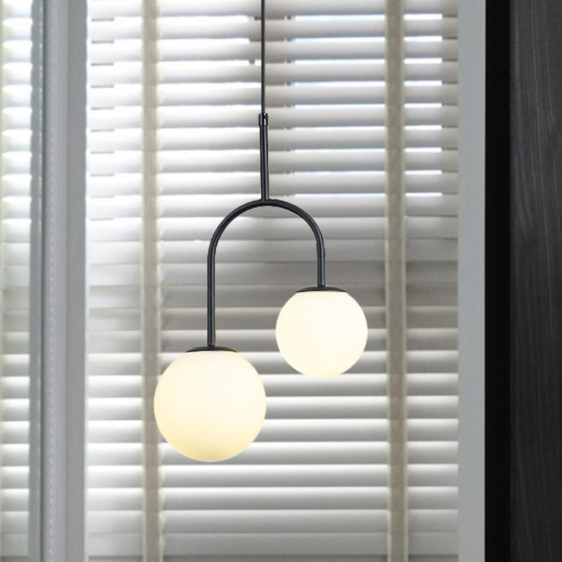 White Glass Global Hanging Pendant Light Modern 2 Heads Black/Gold Suspension Lamp with Arc Arm