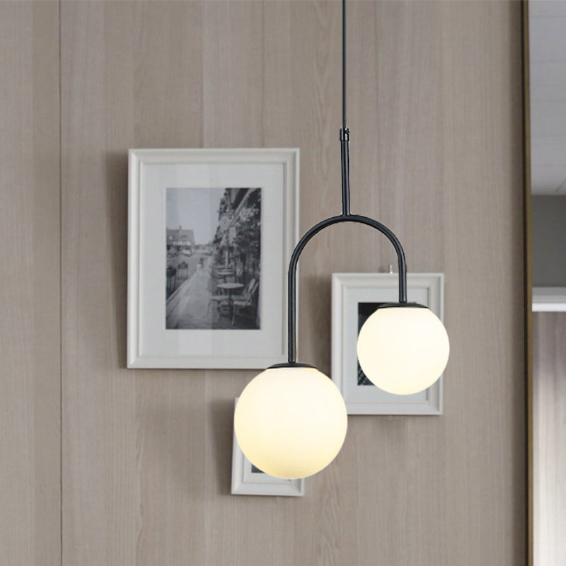 White Glass Global Hanging Pendant Light Modern 2 Heads Black/Gold Suspension Lamp with Arc Arm