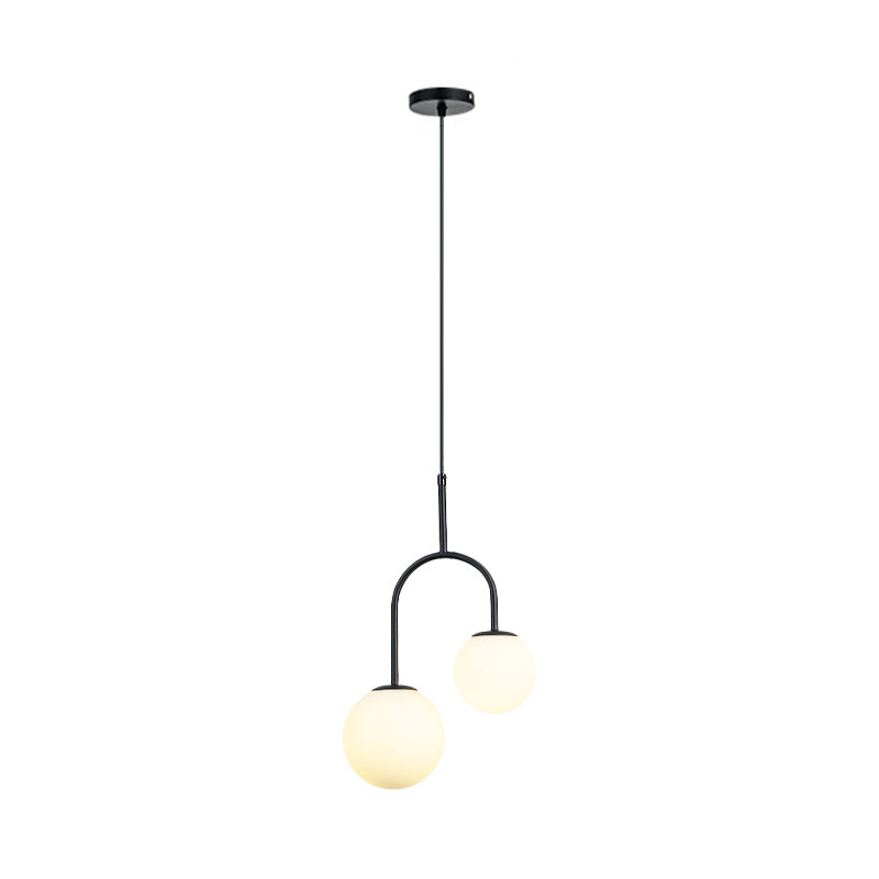 White Glass Global Hanging Pendant Light Modern 2 Heads Black/Gold Suspension Lamp with Arc Arm