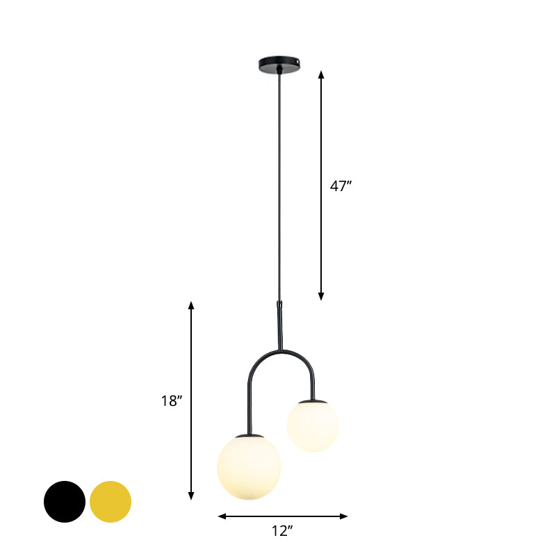 White Glass Global Hanging Pendant Light Modern 2 Heads Black/Gold Suspension Lamp with Arc Arm