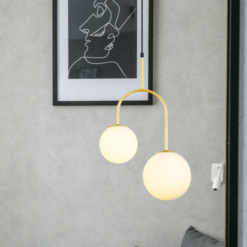 White Glass Global Hanging Pendant Light Modern 2 Heads Black/Gold Suspension Lamp with Arc Arm