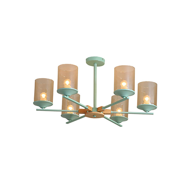 Cognac Cylinder Shade Chandelier Lighting 3/6 Heads Contemporary Wood Hanging Light for Living Room