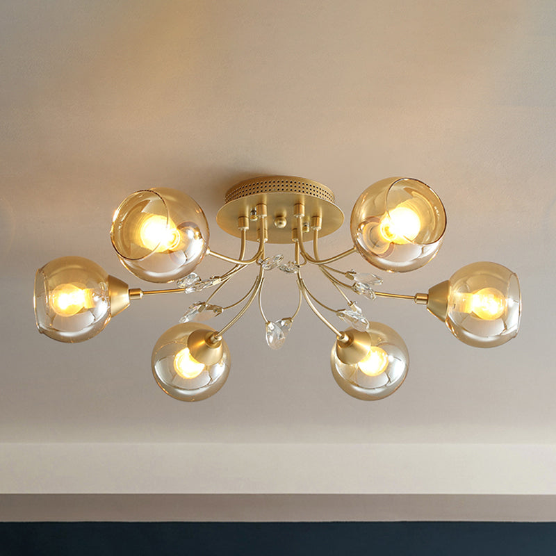 Amber Glass Ball Semi plafondspoeling Licht traditioneel 6/9-licht woonkamer spoeling licht armatuur met kristal accent