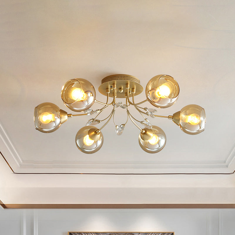 Amber Glass Ball Semi plafondspoeling Licht traditioneel 6/9-licht woonkamer spoeling licht armatuur met kristal accent