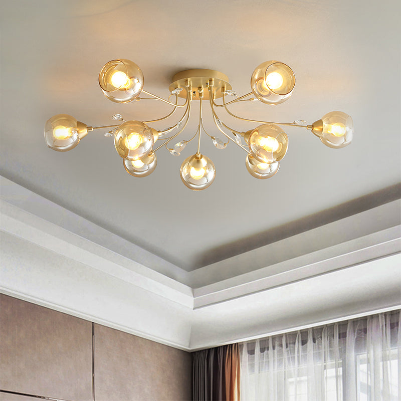 Amber Glass Ball Semi plafondspoeling Licht traditioneel 6/9-licht woonkamer spoeling licht armatuur met kristal accent