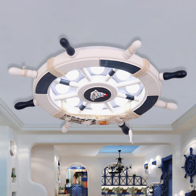 Wooden Ship Rudder Ceiling Lamp Kids 8-Bulb White/Pink/Blue LED Semi Flush Mount Light in White/3 Color Light