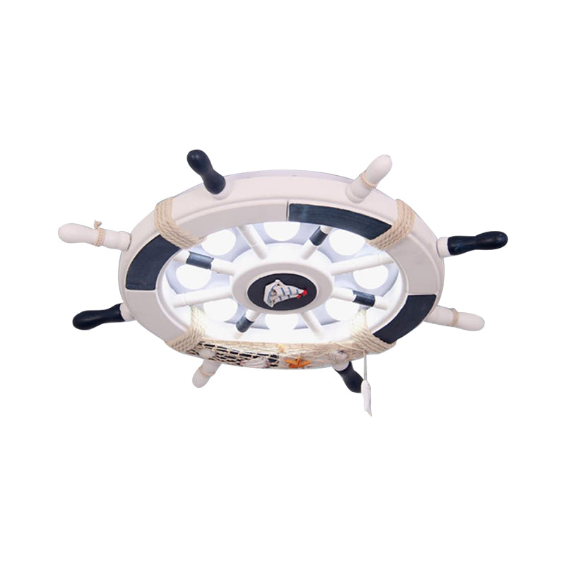 Wooden Ship Rudder Ceiling Lamp Kids 8-Bulb White/Pink/Blue LED Semi Flush Mount Light in White/3 Color Light