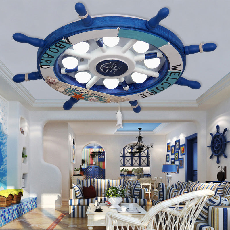 8-Head Boys Bedroom Flush Light Kid Blue/White/Yellow LED Ceiling Mounted Lamp with Rudder Wood Shade, White/3 Color Light