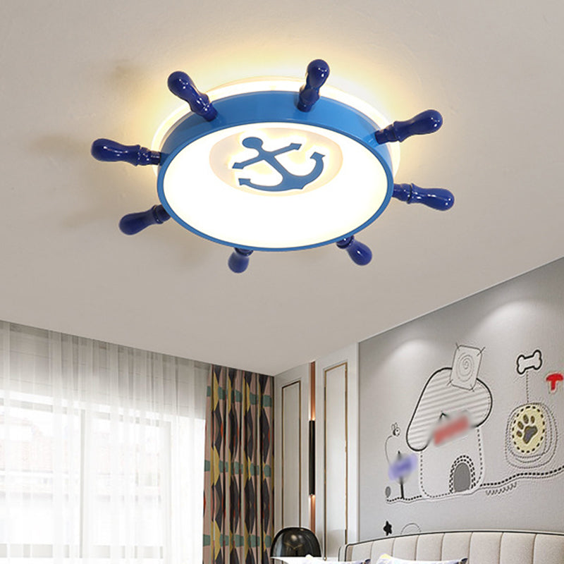 Kids LED Ceiling Flush Light Blue Rudder Flushmount Lighting with Acrylic Shade and Anchor Pattern