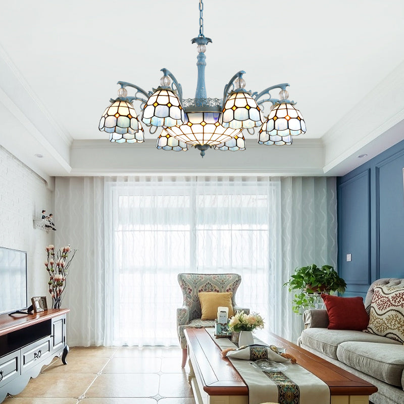 Stained Glass Bell Chandelier Mediterranean 4/6/8 Lights Blue Hanging Lamp for Dining Room