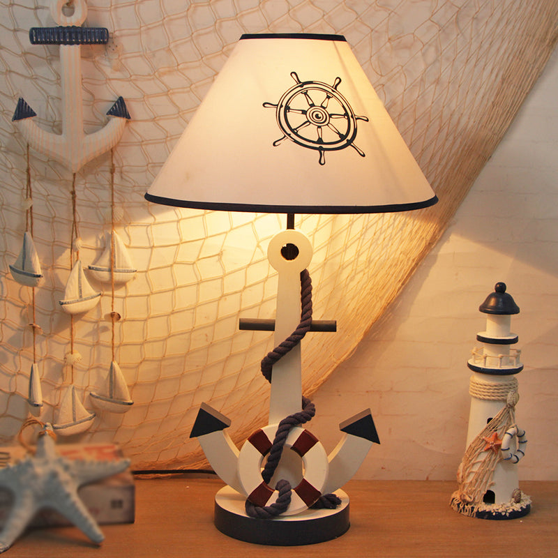 LifeBuoy / Rudder Wooden Table Light Kids Light Blue Blue Nightstand Lampe avec une teinte en tissu conique