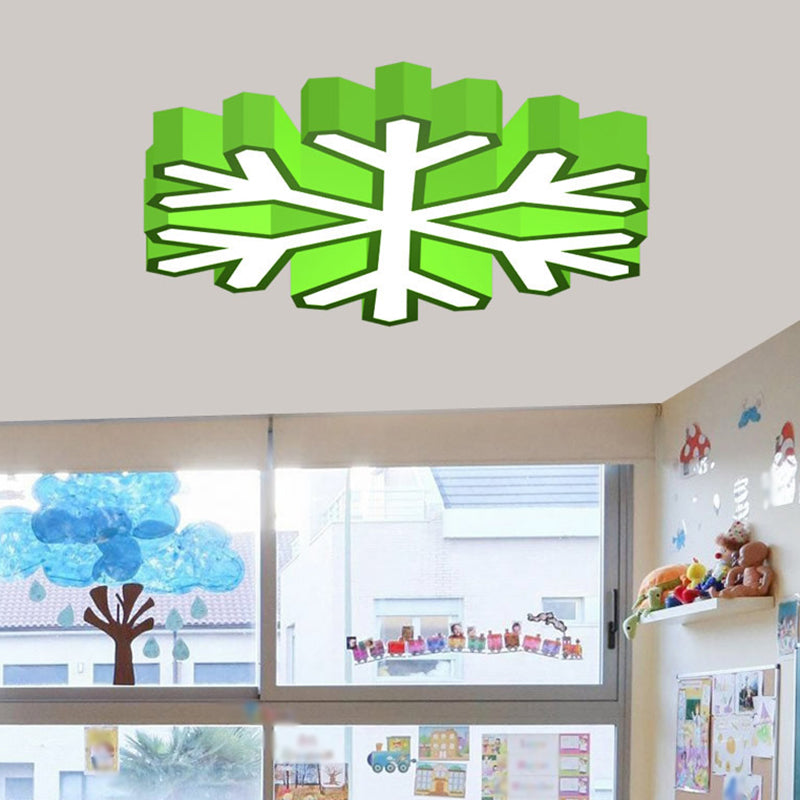 Nursery School LED Flush Light Macaron Red/Yellow/Green Ceiling Mount Fixture with Snowflake Acrylic Shade