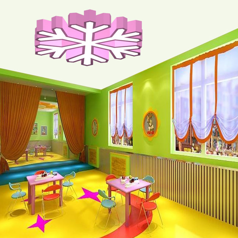 Nursery School LED Flush Light Macaron Red/Yellow/Green Ceiling Mount Fixture with Snowflake Acrylic Shade
