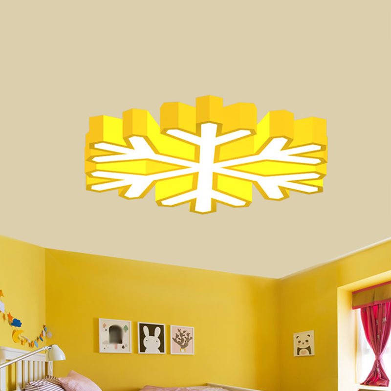 Nursery School LED Flush Light Macaron Red/Yellow/Green Ceiling Mount Fixture with Snowflake Acrylic Shade