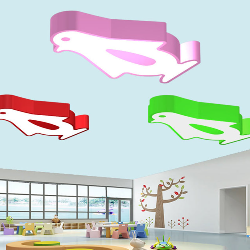 Penguin LED Flush Mount Lighting Kids Metal Kindergarten Close to Ceiling Lamp in Red/Pink/Yellow