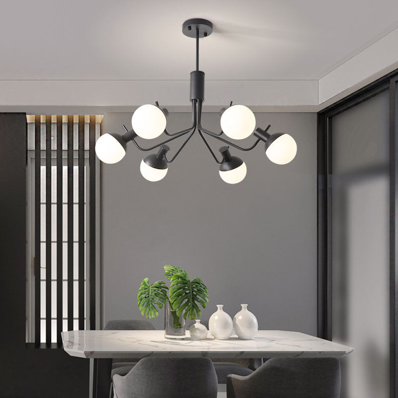 Chandelier suspendu au noir contemporain avec ombre orbe 6 lumières Pendre de plafond en fer forgé