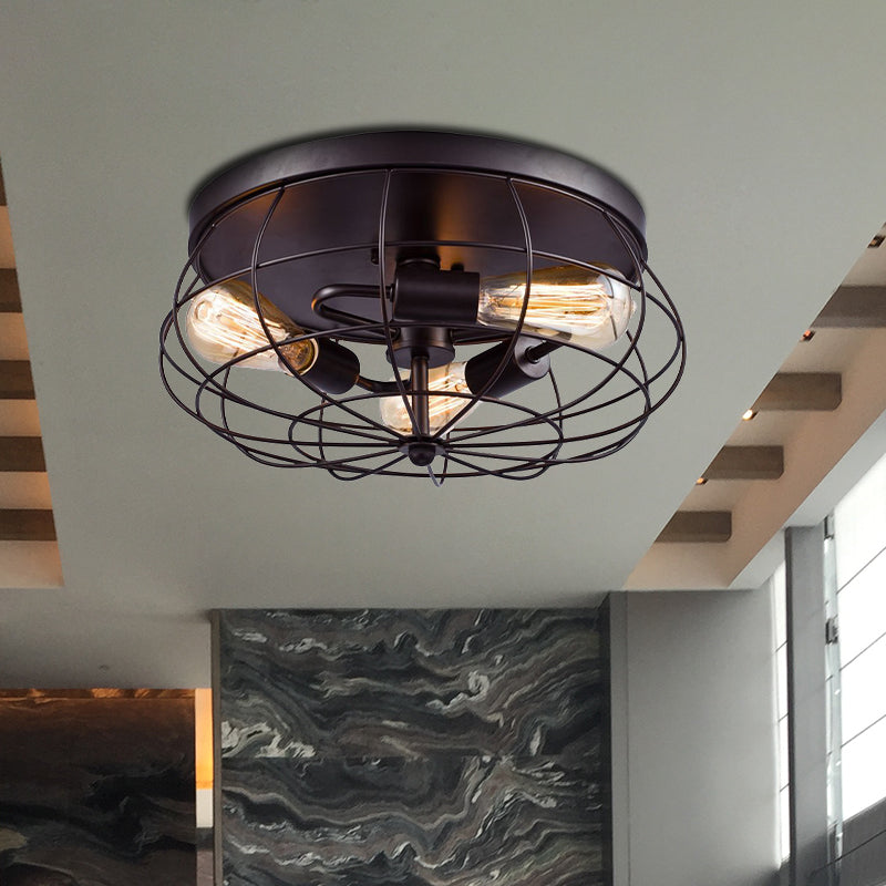 3-Light Caged Flush Mount Ceiling Light Industrial Black Metal Lighting Fixture for Corridor