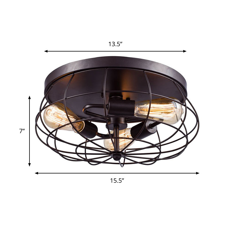 3-Light Caged Flush Mount Ceiling Light Industrial Black Metal Lighting Fixture for Corridor