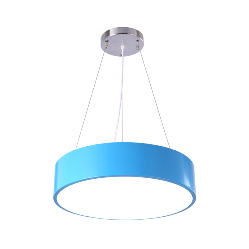 Macaron Drum Shaped Pendant Light Metal Nursery School LED Hanging Light Fixture in Red/Yellow/Green, 16"/19.5" Dia