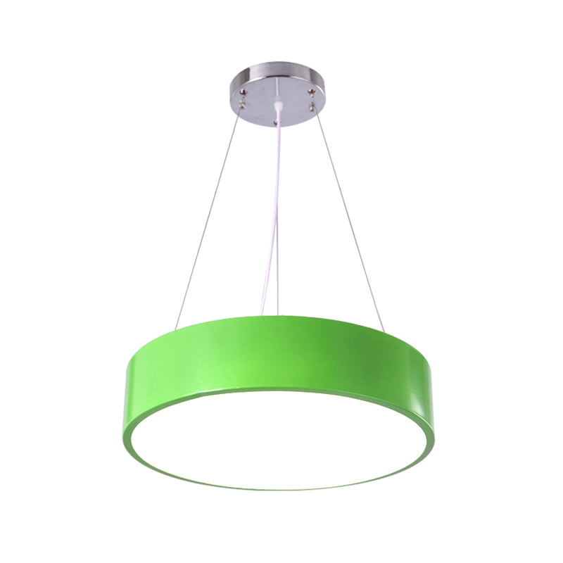 Macaron trommelvormige hanglamp metaal kinderschool led hangende verlichtingsarmatuur in rood/geel/groen, 16 "/19.5" dia