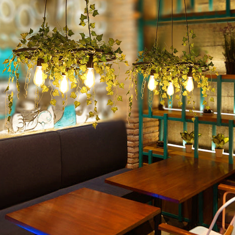 Retro Wagon Wheel Chandelier 1/3/6-Light Iron Hanging Pendant in Black with Decorative Plant