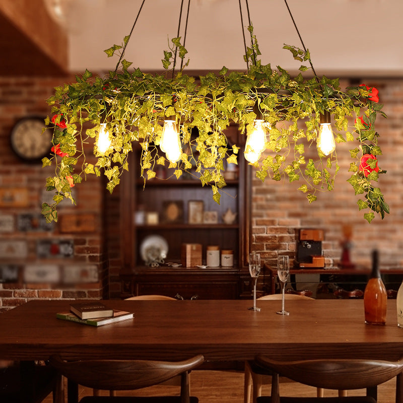 Retro Wagon Wheel Chandelier 1/3/6-Light Iron Hanging Pendant in Black with Decorative Plant