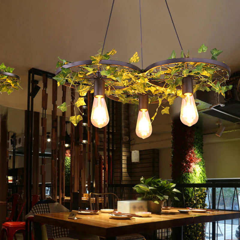 Black Wheel Hanging Chandelier Rustic Iron 1/3/6-Bulb Restaurant Plant Pendant Lighting Fixture
