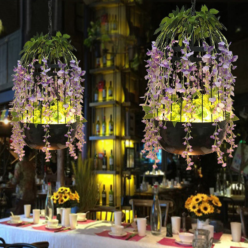 Burst/Barn/Birdcage Plant LED Pendant Lamp Industrial Pink/Green/Purple Finish Iron Hanging Chandelier for Bistro