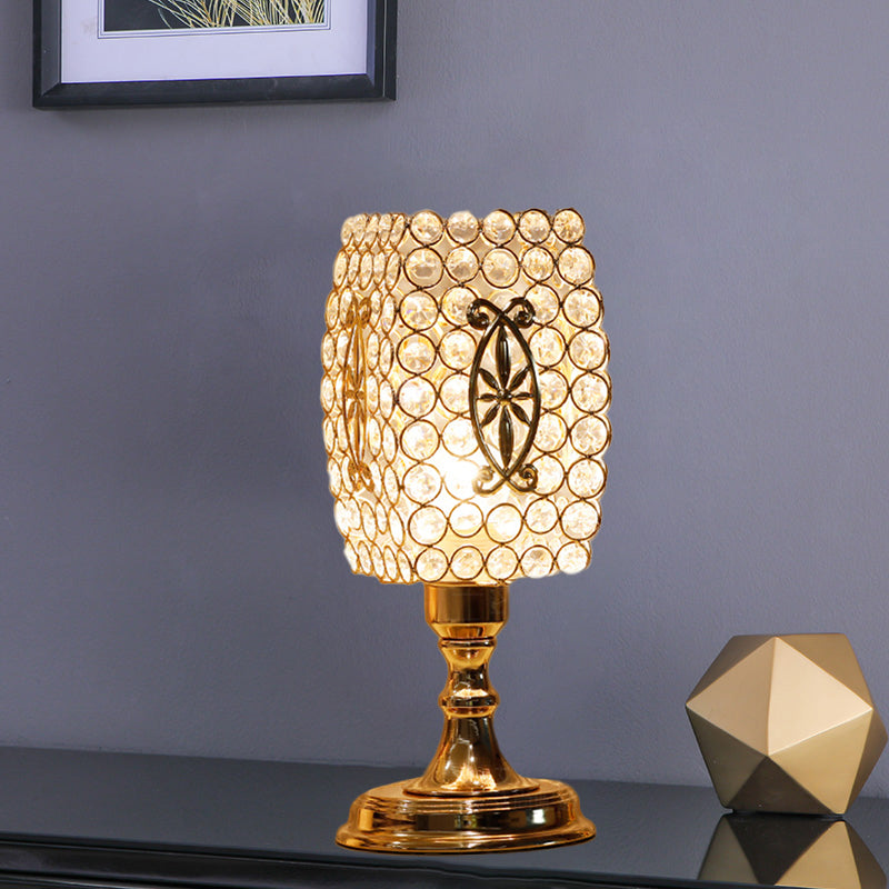 Gold Geometry Reading Light with Grid/Dot Design Modernist 1-Light Crystal Encrusted Nightstand Lamp for Bedside